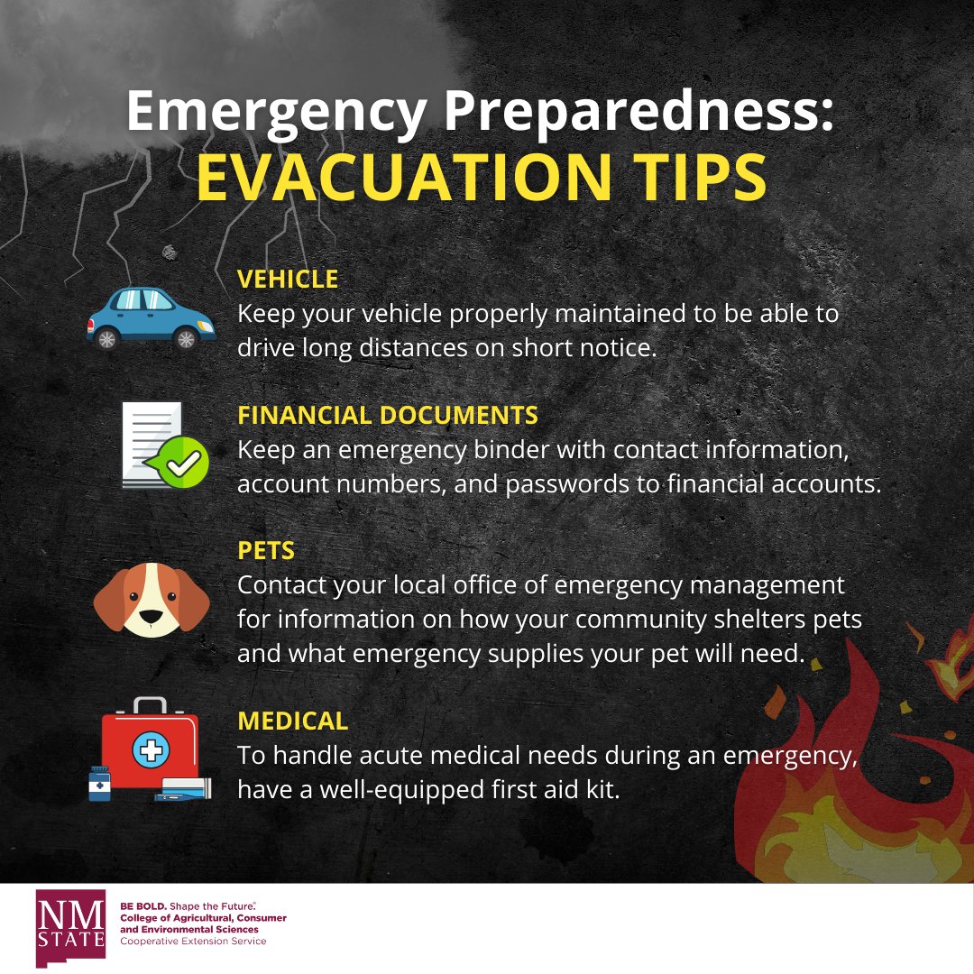 May is #NationalWildfireAwarenessMonth ⚠️ It's important to have an evacuation plan in place for local and community evacuations. pubs.nmsu.edu/_g/G110/index.…