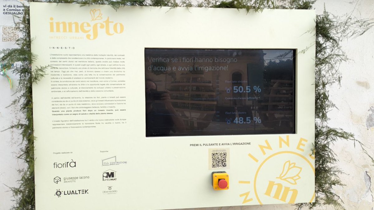 lualtek's tweet photo. 🌿✨ Lualtek is at the "Innesto" event in Comiso! Our "I-N-N-E-S-T-O" installation lets visitors control and monitor floral irrigation with our sensors. Experience the harmony of technology and nature. 🌱💧 Discover more: https://t.co/8A6nne6vM1 #GreenTechnology https://t.co/FTB0njEbQU