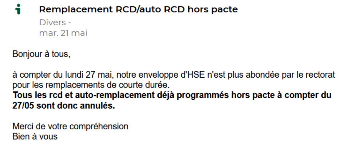 L’@AcBordeaux racle les fonds de tiroir afin de rendre à Bercy des millions d’euros de budget
Ex : ne plus avoir d’enseignants face aux élèves au mois de juin, cela n’a plus l’air d’être une « priorité » 🙄
Le @SnesFSUBordeaux interroge le rectorat sur la question  #ChocDesMoyens