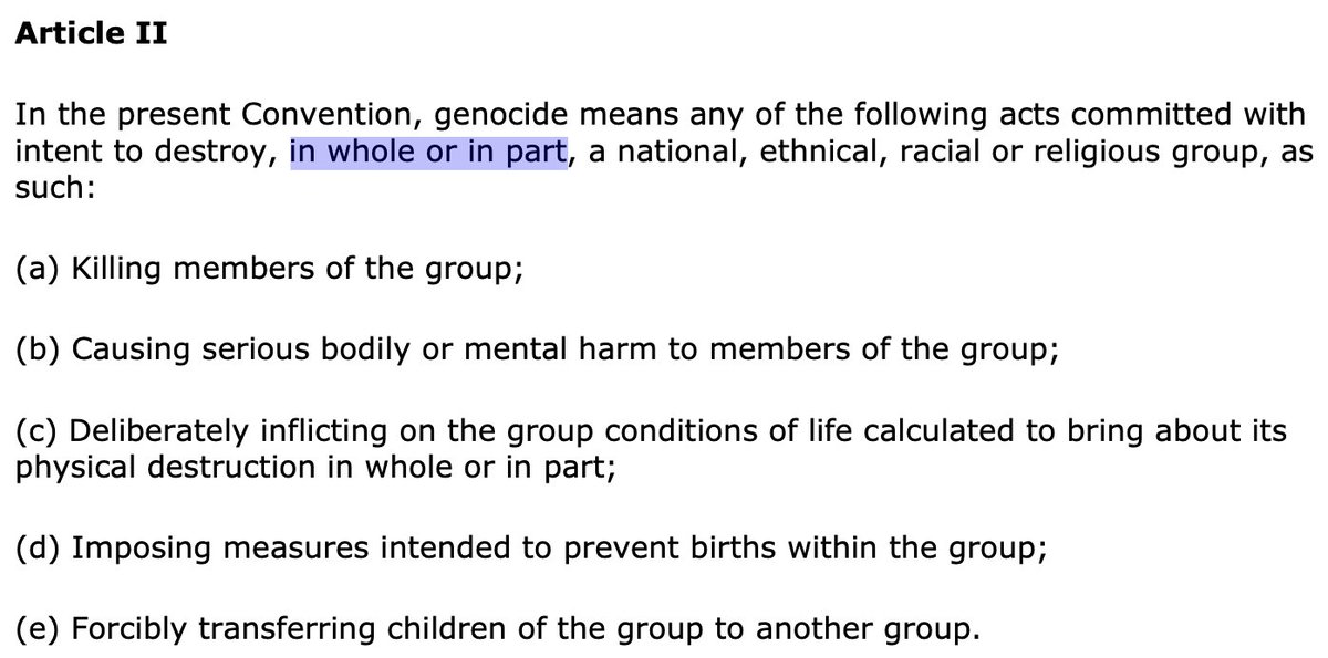 This definition of genocide from the Convention on Genocide is imprecise almost to the point of being useless. How large a part has to be for an act to count as genocide? Unclear. This leaves too much room for arbitrary Procrustean interpretations likely based on political views.