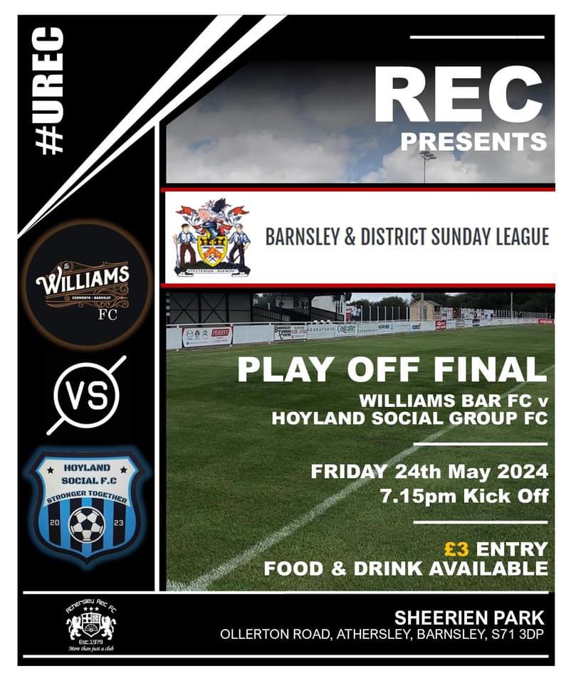 Barnsley And District Sunday League (@barnsleysunday) on Twitter photo ๐ Friday night play off final football at <a href="/AthersleyRecFC/">Athersley Rec FC</a>
โฝ๏ธ Williams Bar v Hoyland Social
๐ท Entry ยฃ3
โฐ 7:15 kick off
๐ Hot food & ๐บ available
#BarnsleySunday #BarnsleyFC #SundayLeague #Semifinal #UREC <a href="/BarnsleySportX/">BarnsleySport</a> <a href="/NonLeagueFix/">NonLeagueFixtures</a> ๐ Friday night play off final football at <a href="/AthersleyRecFC/">Athersley Rec FC</a>
โฝ๏ธ Williams Bar v Hoyland Social
๐ท Entry ยฃ3
โฐ 7:15 kick off
๐ Hot food & ๐บ available
#BarnsleySunday #BarnsleyFC #SundayLeague #Semifinal #UREC <a href="/BarnsleySportX/">BarnsleySport</a> <a href="/NonLeagueFix/">NonLeagueFixtures</a>