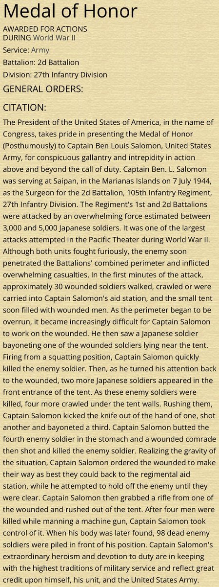 “When his body was later found, 98 dead enemy soldiers were piled in front of his position.” Captain Salomon was an Army dentist.