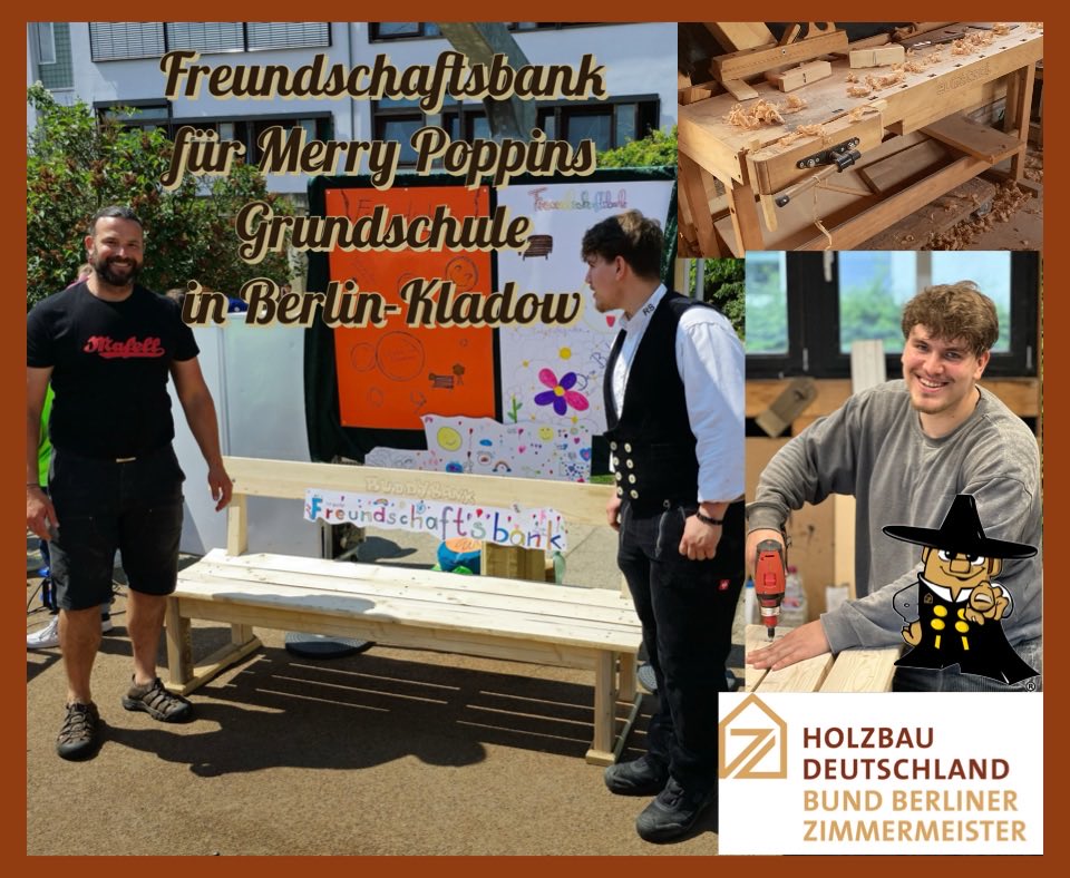 ralfmschumann's tweet image. Zum Tag des Grundgesetzes hat der Bund Berliner Zimmermeister mit Unterstützung von #Mafell, unsere erste Freundschafts-Bank für die Mary Poppins Grundschule in Berlin Kladow gespendet. Ich hoffe, dass viele Grundschulen dieser tollen Idee folgen. #Freundschaftsbank #Zimmerer