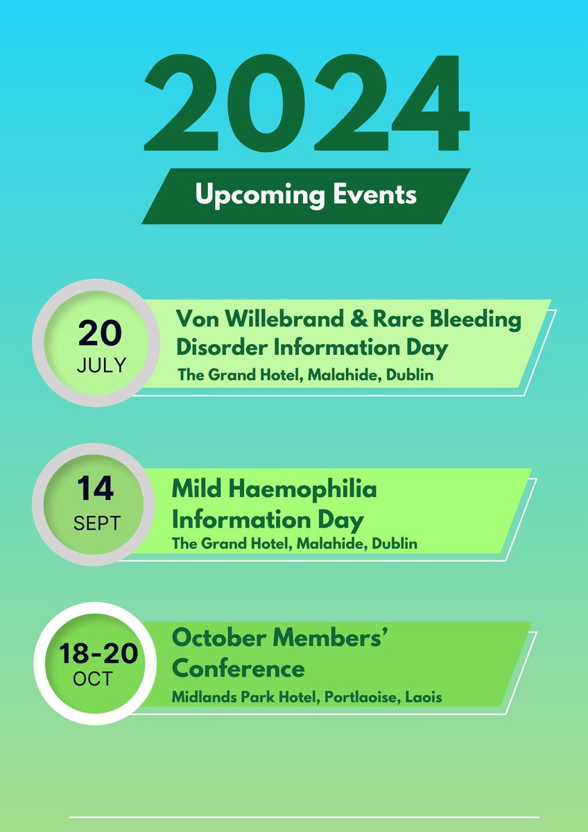 See our updated programme of events for the rest of the year 👇 Our information day in July will incorporate rare bleeding disorders as well as von Willebrand Disorder. @Brianhemophilia