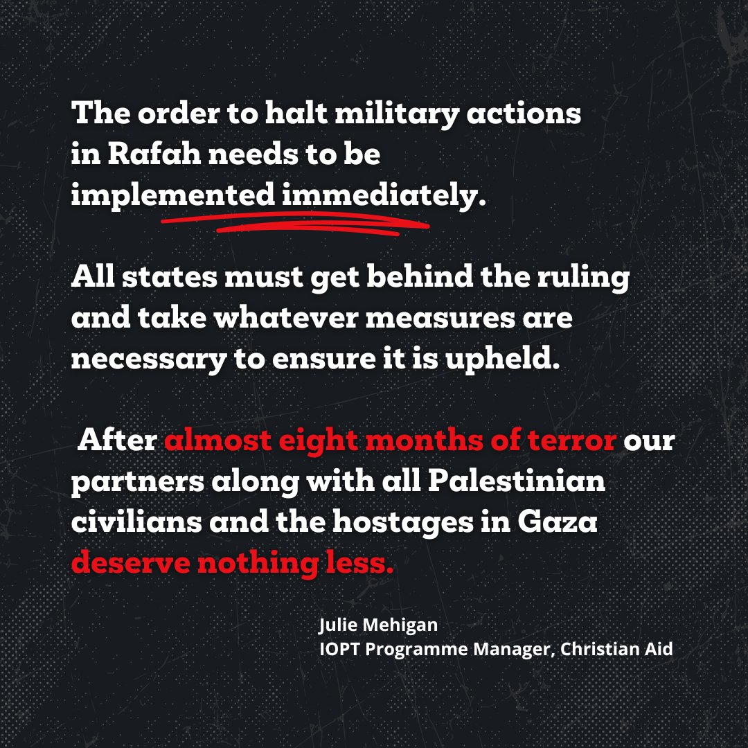 christian_aid's tweet photo. 🔴The UN court ruling for Israel to stop its #Rafah offensive in #Gaza 'must be implemented immediately'.

In its ruling the ICJ has demonstrated at last that the international rules-based order can work for the protection of Palestinian civilians.

#CeasefireNow https://t.co/ZBYib9CF3x