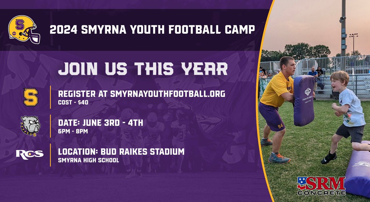 ATTENTION BULLDOGS YOU DO NOT WANT TO MISS THIS! Smyrna Football is having a youth football camp on June 3rd and 4th at 6-8 PM at Bud Raikes Stadium! #OnlyOneSHS