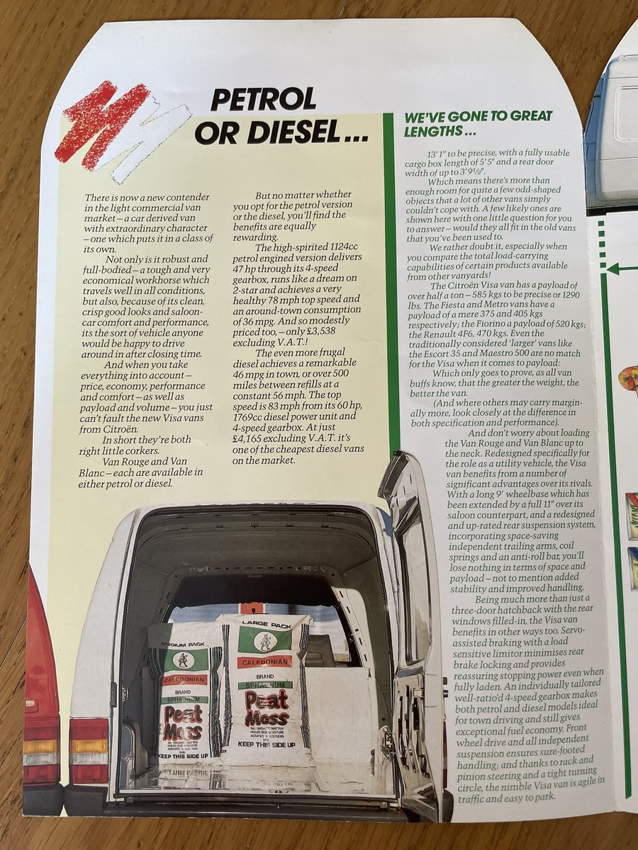 72Chip's tweet image. Random car brochure of the day.
The Citroen Visa C15 van was launched in the UK in 1985 with a rather unconventional single side hinged read door (dropped a few years later). I love the way this early brochure plays on the colour availability and is shaped like a wine bottle.