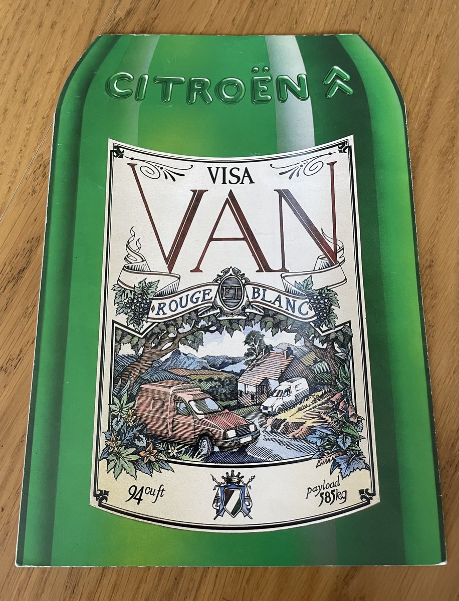 72Chip's tweet image. Random car brochure of the day.
The Citroen Visa C15 van was launched in the UK in 1985 with a rather unconventional single side hinged read door (dropped a few years later). I love the way this early brochure plays on the colour availability and is shaped like a wine bottle.