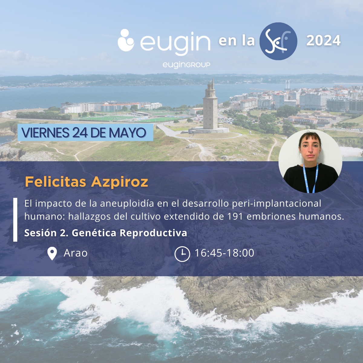 #SEF24 Felicitas Azpiroz [<a href="/FAzpiroz_/">Felicitas Azpiroz</a>], del equipo de I+D de <a href="/Eugin_Group/">Eugin_Group</a>, presenta  su estudio sobre el impacto de la anueploudía en el desarrollo peri-implantacional humano en la sesión 2, titulada "Genética Reproductiva".

#ACoruña #ReproducciónAsistida