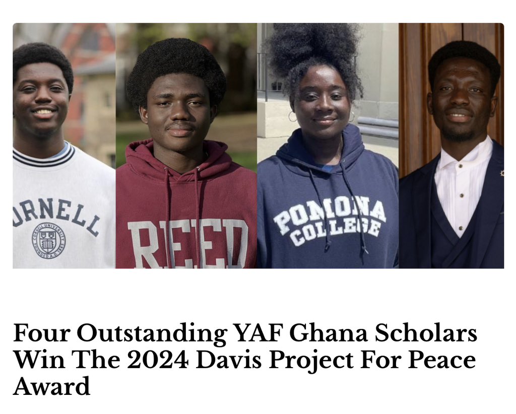 Exciting news from YAF Ghana! Four of our scholars have won the 2024 Davis Project for Peace Award, each receiving $10,000 to bring their visionary projects to life. Meet the future changemakers: Christabel, Stephen, Junior, and Fabian. #YouthLeadership #ProjectForPeace