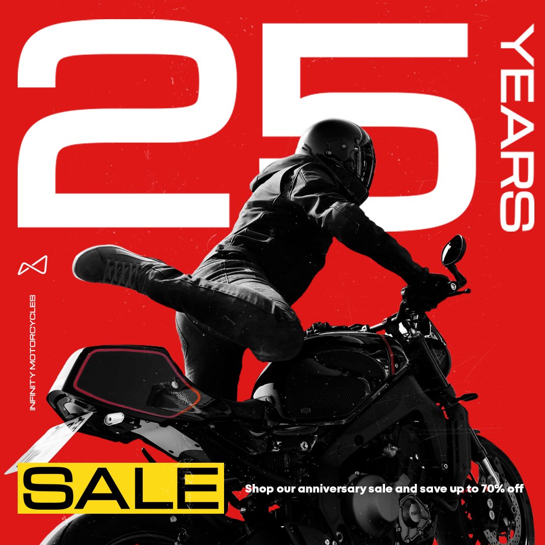 🎉Celebrate 25 Years with Us! 🎉

To thank you for your incredible support, we've launched an exclusive 3-day anniversary sale this Bank Holiday!

Shop HUGE discounts & exclusive deals online & in our 16 UK stores. Sale ends midnight Monday 27th May! 🏍️💨  bit.ly/infinity25sale