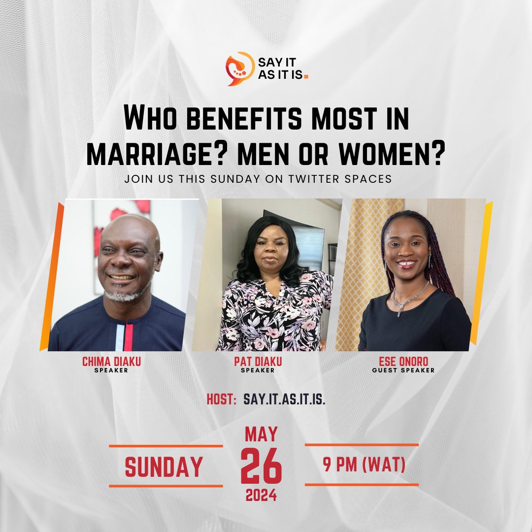 It's beginning to seem like someone is doing another a favour by accepting to marry them. Abi, what do you think?

Let's settle the matter once and for all:
Who benefits most in marriage?

Sunday is coming and you're welcome to join the space.

#sayitasitis #relationshipgoals
