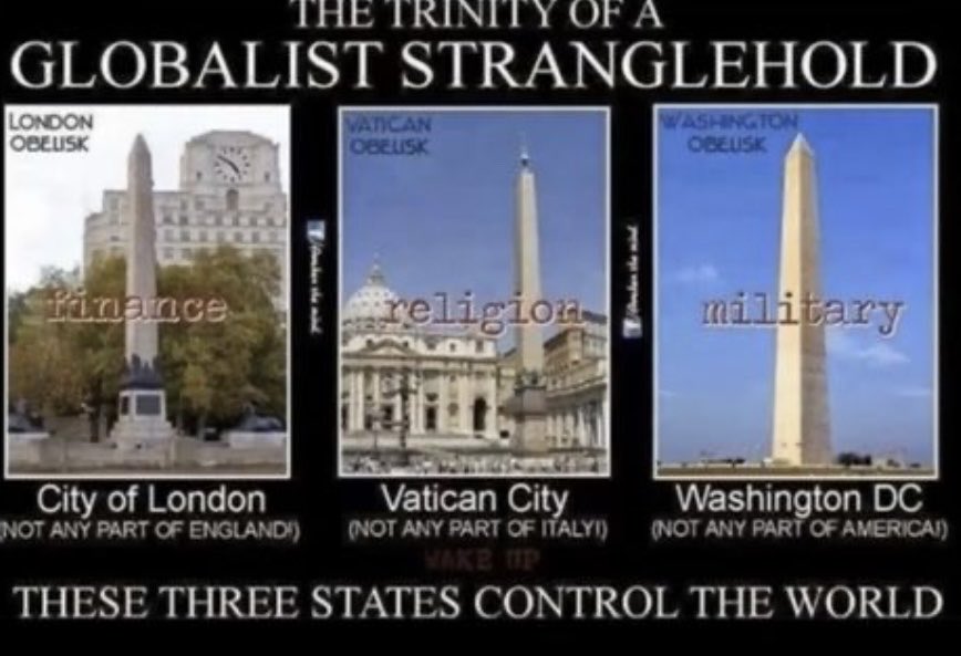 This is the Globalist Stranglehold.

These 3 ‘Bankers States’ control the World which offers immunity to all of the Treasonous Pedophiles.  

The ‘City of London’ is not part of England, ‘Vatican City’ is not part of Italy and ‘Washington DC’ is not part of America.