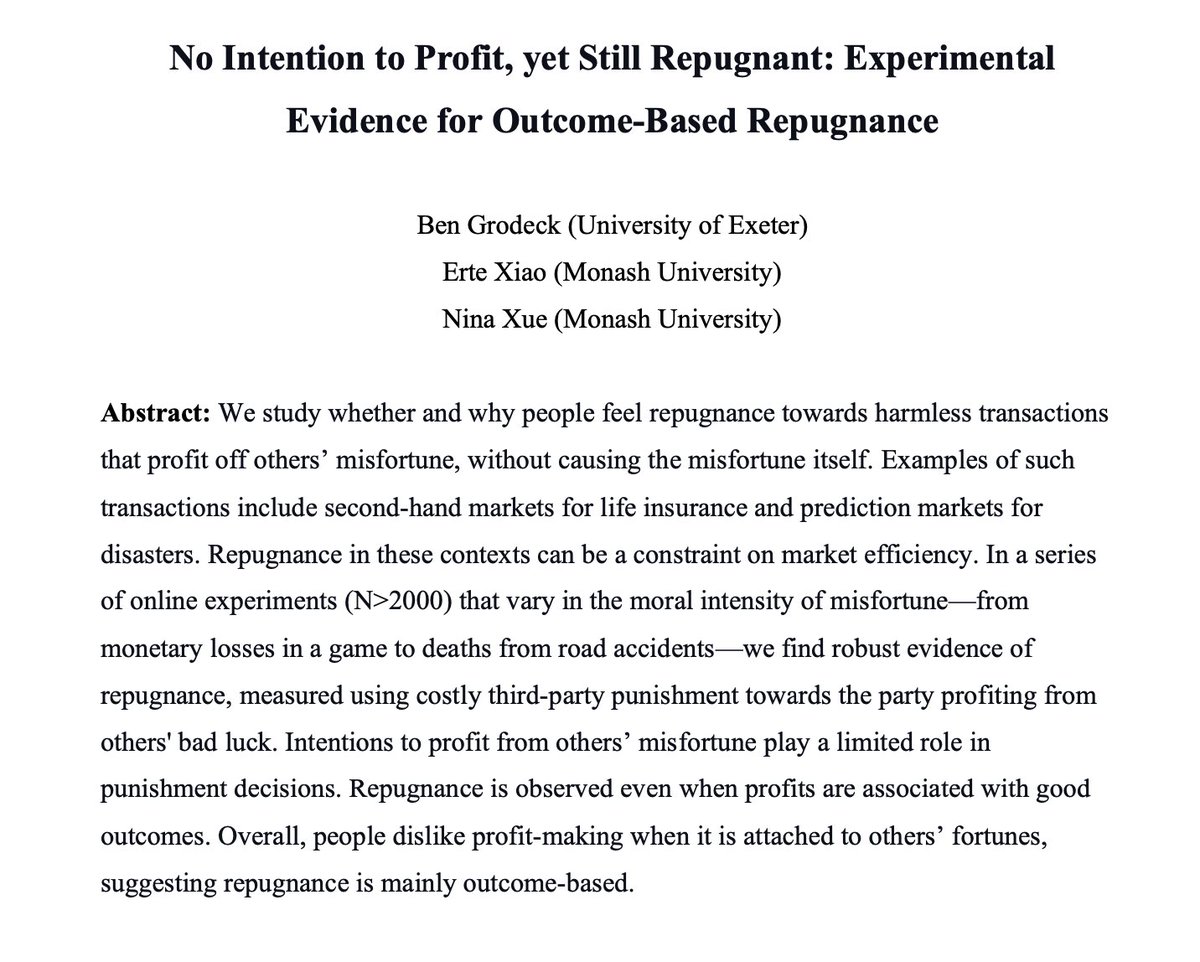 🚨New Working Paper!

Do people find it repugnant when someone profits off another's misfortune, even if they don't cause the misfortune?

Across 3 studies we find:

- Yes! people punish these types of profits ✅

- This occurs even if there is no intention to profit ❌