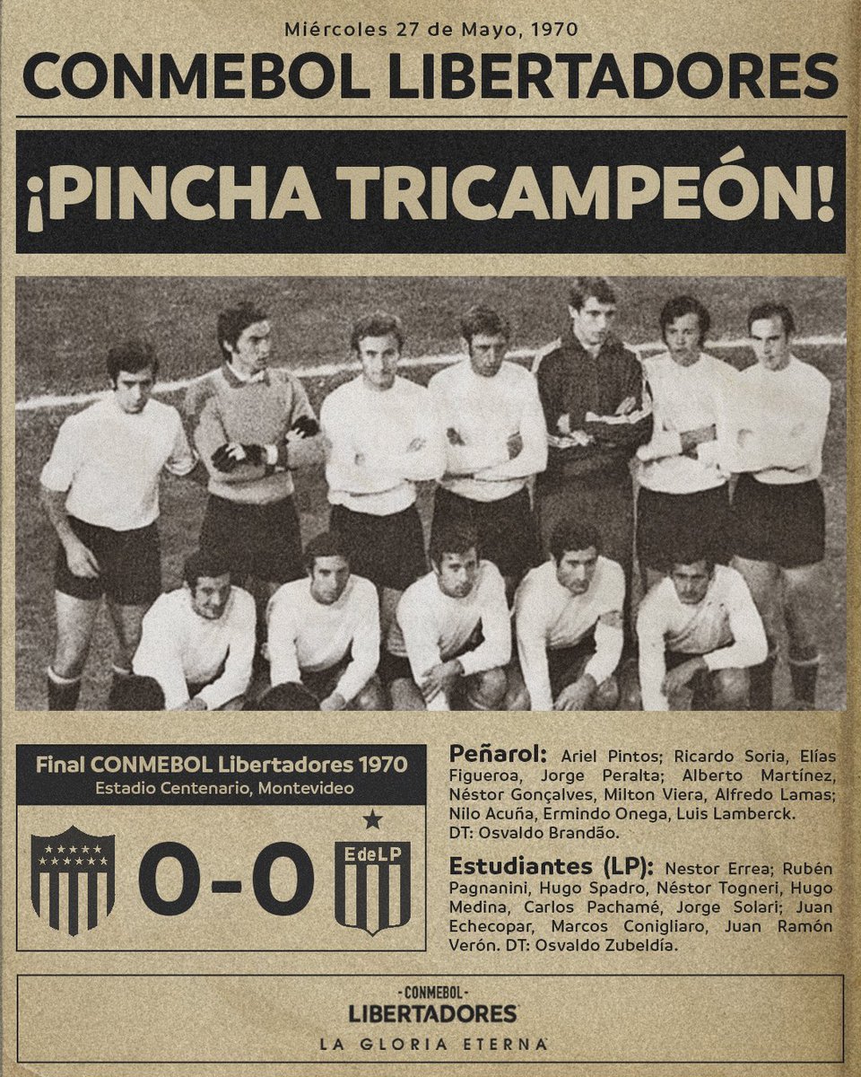 🔝🏆 ¡La tercera consecutiva de @EdelpOficial! 🔙🦁 Hace 5⃣4⃣ años, el Pincha festejaba en el mítico Centenario, en Montevideo. #GloriaEterna