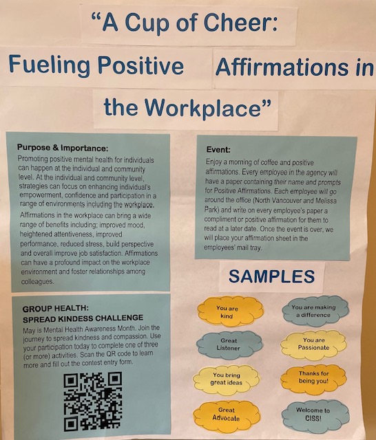 May marks Mental Health Awareness Month, and at CISS, we're dedicated to fostering positive mental health. Our recent wellness event empowered staff to share affirmations, fostering a culture of support and kindness among our team. #MentalHealthAwarenessMonth