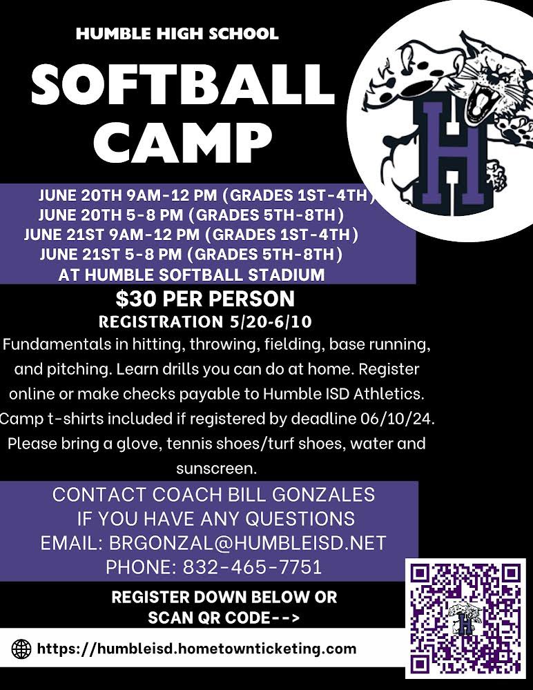 HHS Softball Summer Camp less than a month away! Grades 1st-8th are welcome! Come learn the fundamentals of the game and start your foundation out right! 💪🏼🥎🥎 <a href="/Coach_RobMurphy/">Robert Murphy</a> <a href="/HumbleISD/">Humble ISD</a> <a href="/HumbleISD_Ath/">Humble ISD Athletics</a> <a href="/HumbleISD_HHS/">Humble High School</a> @MrCosby_HHS #PROTECTTHEH