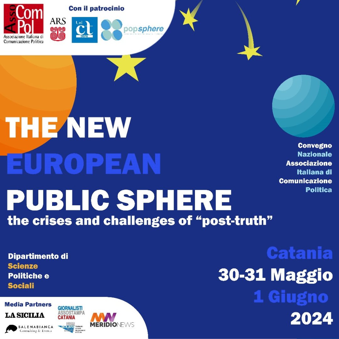Dal 30 maggio al 1° giugno, <a href="/DspsUnict/">Dsps - UniCt</a> <a href="/unict_it/">Unict</a> ospiterà il Convegno Annuale 2024 di #AssoComPol "𝐓𝐡𝐞 𝐧𝐞𝐰 𝐄𝐮𝐫𝐨𝐩𝐞𝐚𝐧 𝐩𝐮𝐛𝐥𝐢𝐜 𝐬𝐩𝐡𝐞𝐫𝐞, 𝐭𝐡𝐞 𝐜𝐫𝐢𝐬𝐞𝐬 𝐚𝐧𝐝 𝐜𝐡𝐚𝐥𝐥𝐞𝐧𝐠𝐞𝐬 𝐨𝐟 "𝐩𝐨𝐬𝐭-𝐭𝐫𝐮𝐭𝐡"
➡️ compol.it/eventi/convegn… 
#ComPol24