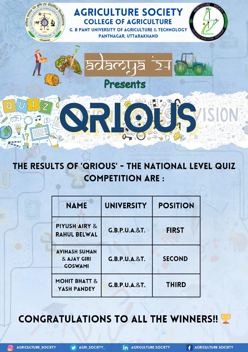 Agriculture Society, College of Agriculture, is delighted to announce the participants who have won 'QRIOUS'- THE NATIONAL LEVEL QUIZ COMPETITION.
Heartiest congratulations to all the winners for their achievement!

#GBPUAT #ADAMYA24 #Nationalquiz