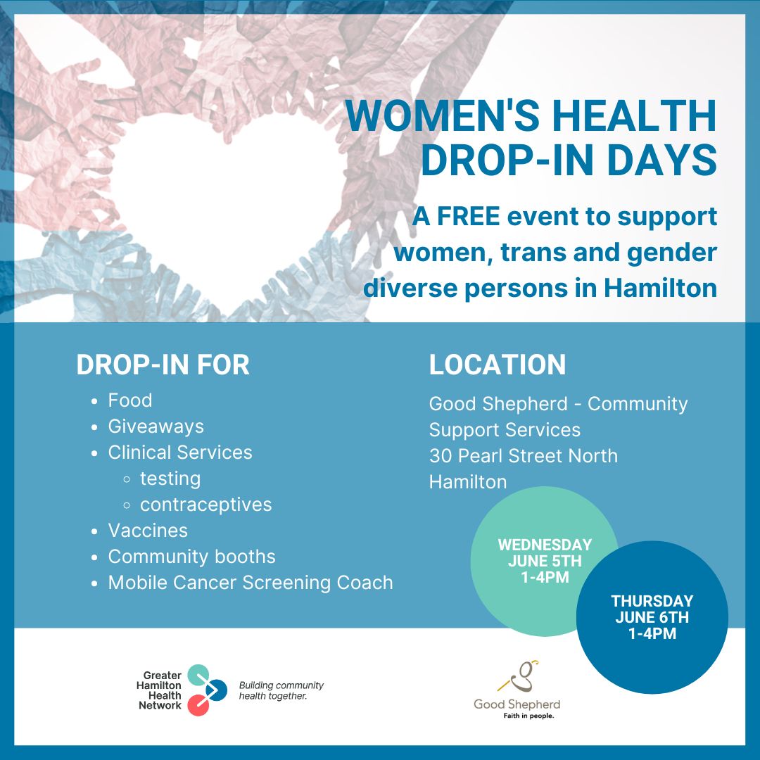 GHHN_TheNetwork's tweet photo. Our 11th Women's Health Drop-in Days are coming up on June 5th and 6th from 1 - 4pm! Come to the Good Shepherd (30 Pearl St N) for low barrier, accessible health and social services. Please share widely across your networks. Email info@ghhn.ca for more information. https://t.co/wmiCDdEWGf
