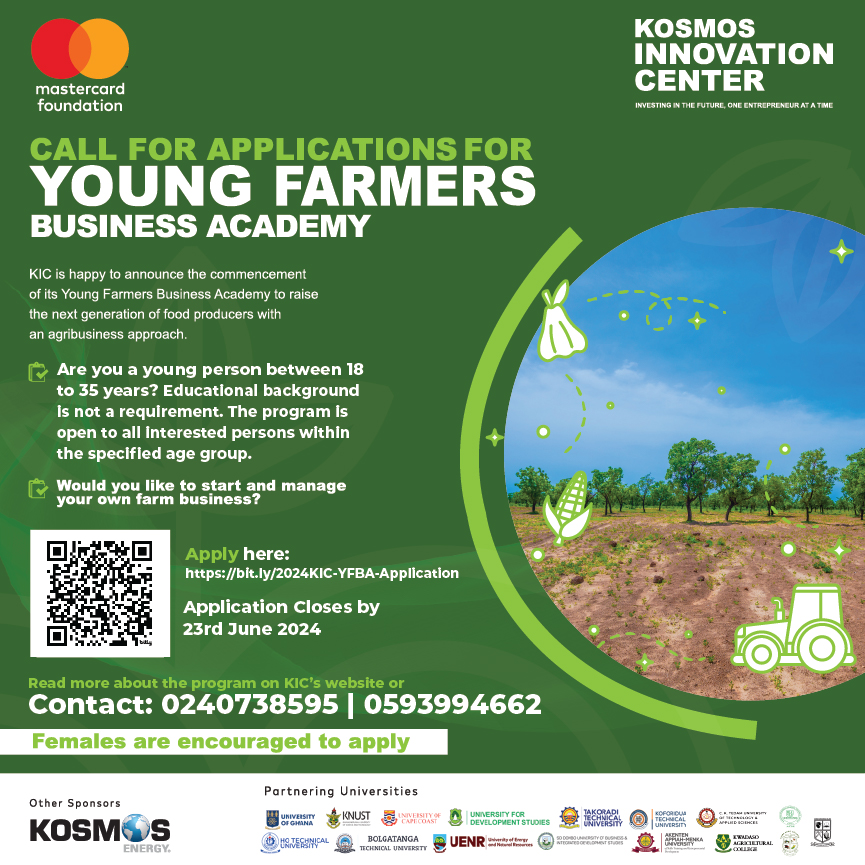 We are thrilled to announce a new addition to our program portfolio, the Young Farmers Business Academy. Call for applications are open for all young people interested in Farming as a Business. 

Apply here:​ bit.ly/2024KICYFBAApp… ​
Learn more: kicghana.org/faqs-young-far…