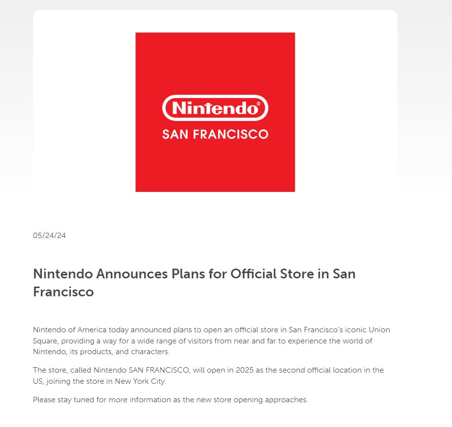 [閒聊] 任天堂宣布計劃在舊金山開設官方商店
