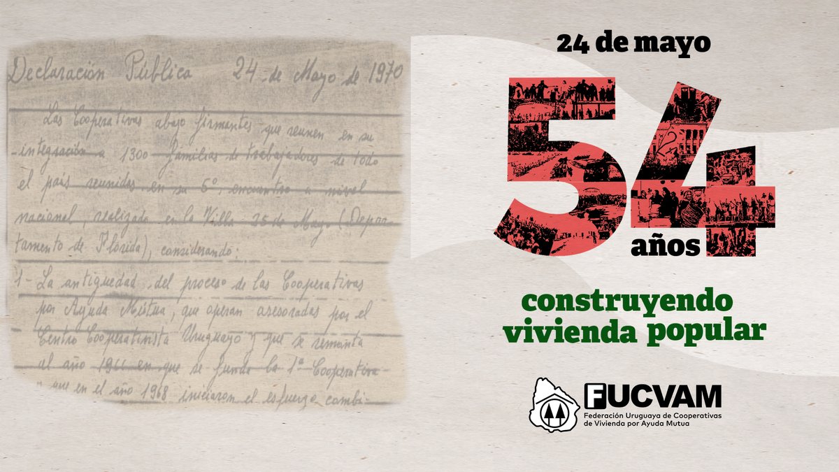Hoy agradecemos a todas las personas que forman parte de FUCVAM y le dan vida, sostienen y cuidan este movimiento. Seguiremos luchando por tierras, por un verdadero Fondo Nacional de Vivienda y por darle un lugar para habitar a las personas más vulnerables.

¡FELICES 54 AÑOS!