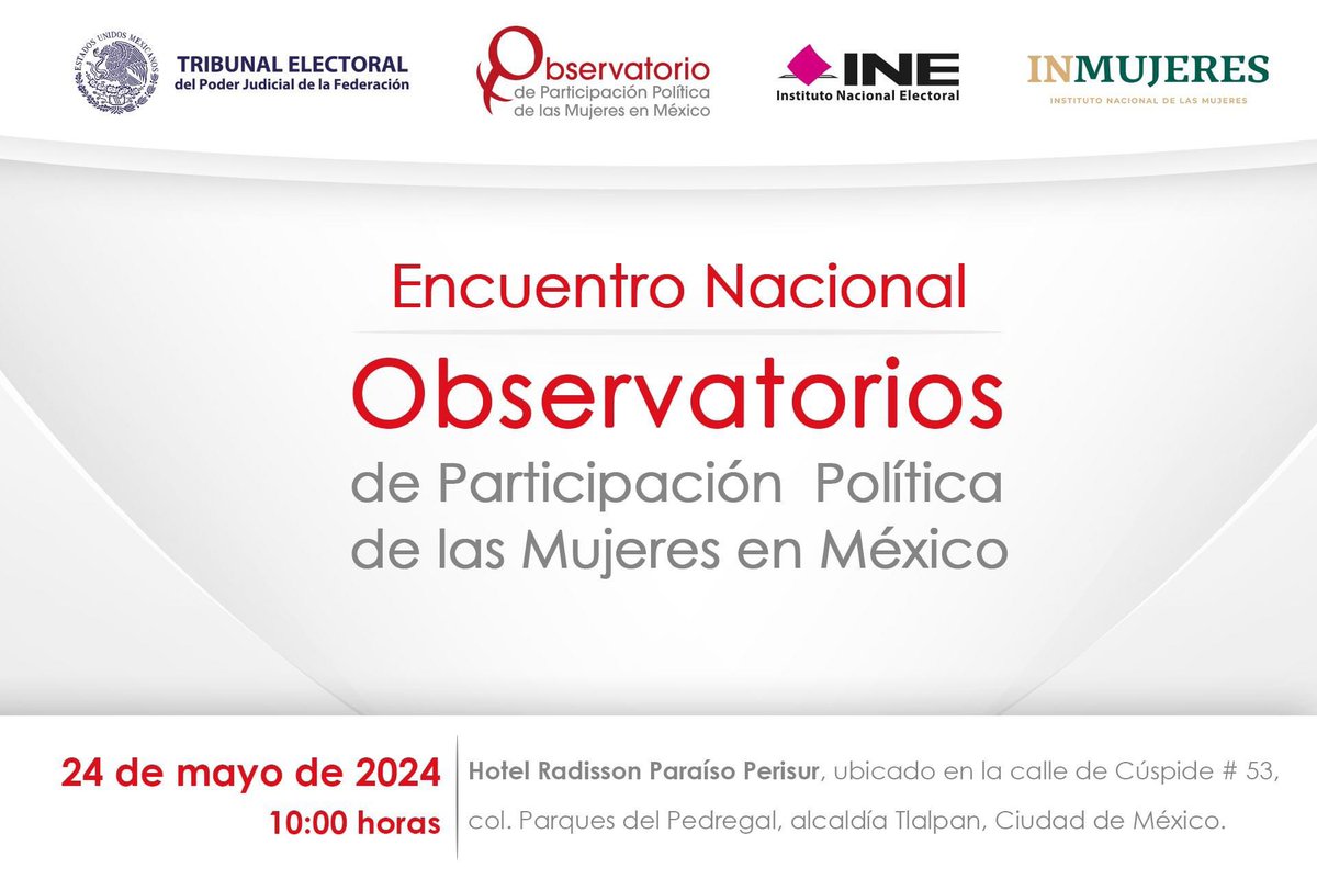 ¡Es hoy! Conéctate al Encuentro Nacional de Observatorios de Participación Política de las Mujeres en México. ⏰10:00 h. ▶️Sigue la transmisión #EnVivo a través del enlace: youtube.com/watch?v=_5eqhm…