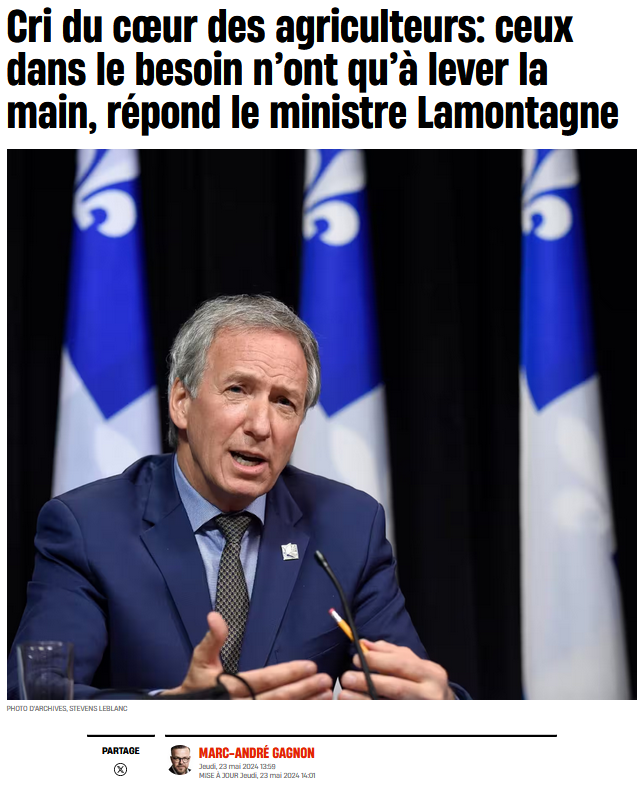 Après plus d'un an de mobilisation sans précédent  partout au Qc, au nom de + de 42 000 producteurs agricoles, les représentants des fédérations régionales et groupes spécialisés, ns levons la main <a href="/andrelamontagn2/">André Lamontagne</a>! Il est urgent d’agir pour l’avenir de nos fermes.
#PolQc #AssNat