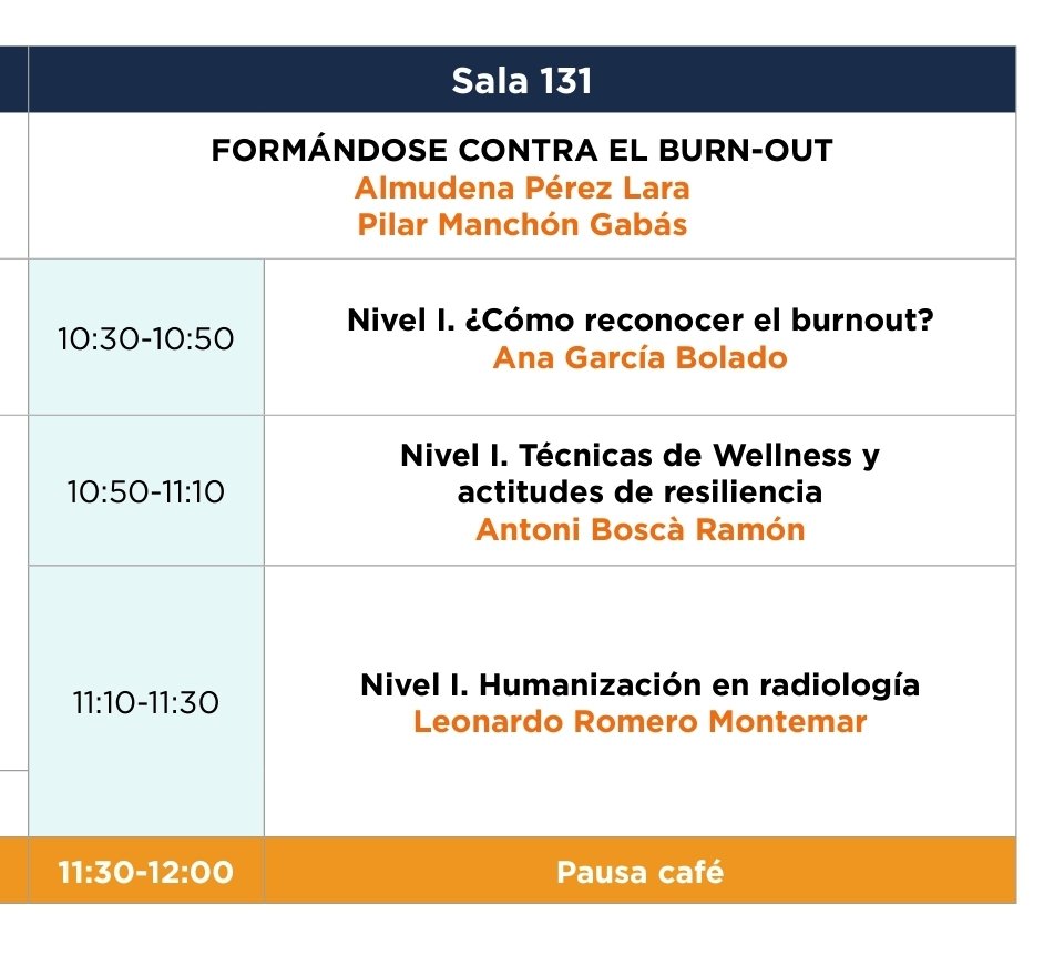 Nos vemos mañana para hablar de burnout, resiliencia, y humanización en radiología!

<a href="/almudenaperezl1/">Almudena Perez</a>, <a href="/pilarmanchon_rx/">Pilar Manchón</a>, <a href="/LeoRomero_Rad/">Leonardo Romero Montemar</a>, Ana Bolado, <a href="/SERAM_RX/">SERAM - Sociedad Española de Radiología Médica</a>, <a href="/residentesSERAM/">Residentes SERAM</a>