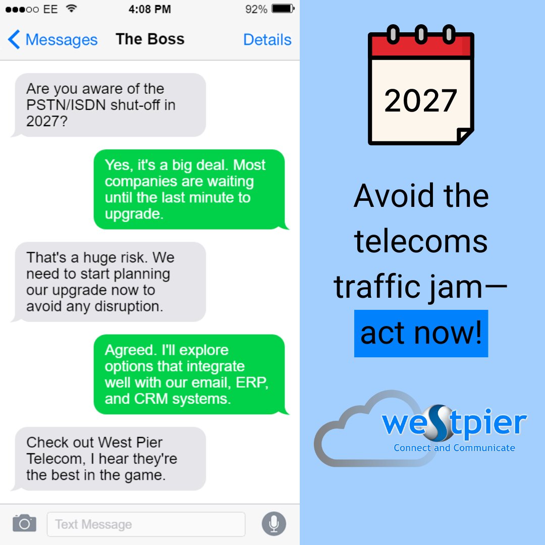 🚨⏳ Time to Act! Don't wait for the #PSTNSwitchOff in 2027! Start your telecom upgrade now to avoid last-minute chaos. 📞💼

Upgrade with us and ensure a seamless transition. Act now!
🌐 westpiertele.com

#ActNow #digitaltransformation #Voip