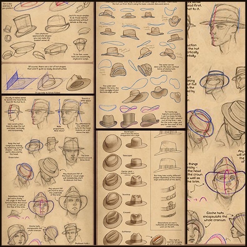 Our feature tutorial/artist for today is this AMAZING group of notes on HATS by the talented @LackadaisyCats! This is really a preview, not the full tutorial, but there's TONS of great SHAPE GUIDES in here for you apply! #gamedev #animationdev #characterdesign #Lackadaisy #hats