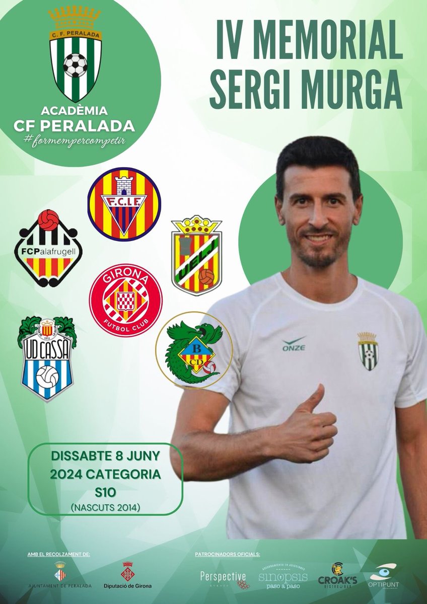 ⚽️𝑰𝑽 𝑴𝑬𝑴𝑶𝑹𝑰𝑨𝑳 𝑺𝑬𝑹𝑮𝑰 𝑴𝑼𝑹𝑮𝑨

➡️ El proper dissabte 8 de juny, t’esperem al Municipal de Peralada, on es disputarà una gran jornada de futbol en categoria S10, en memòria del nostre estimat Sergi Murga 💚🤍

😉 US HI ESPEREM!!! 

#academiaperalada