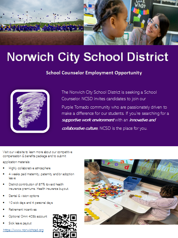 NCSD has an employment opportunity as a School Counselor. Interested in learning more about choosing Norwich: youtube.com/watch?v=vtF3W0… Join us to connect, inspire and empower!