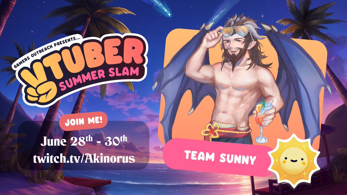 Ready for summer? We are here in The Dragons Glade! 🍹

This June I'll be joining @GamersOutreach for their VTuber Summer Slam. June 28th - 30th I'll be streaming as much as possible to raise money for Gamers Outreach.

More info soon!
#VTuberSS2024 #VTuber #VTuberEN #TeamSunny