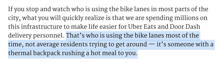 Dear @TheTorontoSun. Polite reminder that bikeways on Eglinton were always part of the LRT plan City Council approved a decade ago. And are we reading this correctly that folks delivering hot meals to 'average residents' are less deserving to get home safely? @GigWorkersUnite