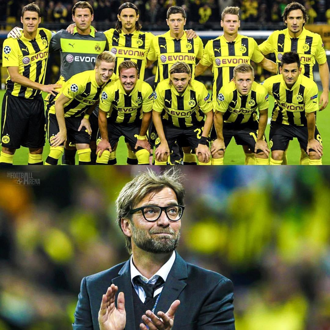 🇩🇪 Weidenfeller 🇩🇪 Hummels 🇷🇸 Subotic 🇵🇱 Piszczek 🇩🇪 Schmelzer 🇩🇪 Gündogan 🇩🇪 Kehl 🇩🇪 Reus 🇩🇪 Götze 🇵🇱 Lewandowski 🇵🇱 Błaszczykowski And their manager: Jürgen Klopp This Borussia Dortmund team was a joy to watch! 🐝😍