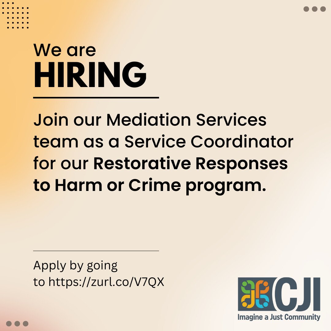 Join our team! We are hiring a Service Coordinator for our Restorative Responses to Harm or Crime program. Find the job posting here: 
zurl.co/V7QX