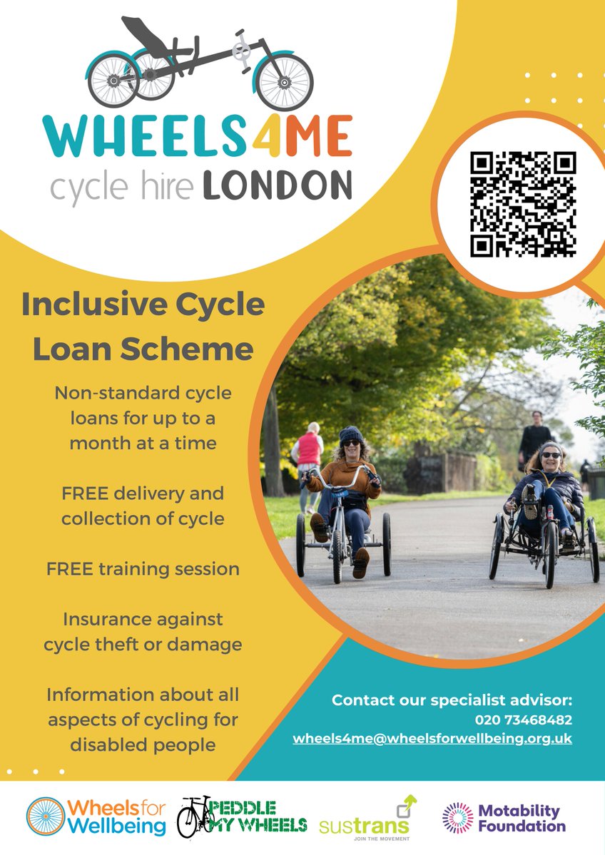 Introducing Wheels4MeLondon: An Inclusive Cycle Loan Scheme for Disabled Londoners! In collaboration with @Wheels4Well and @Sustrans, and funded by @Motability, this initiative offers free cycle loans and support sessions. Find out more: bit.ly/4agGO8v #Accessible