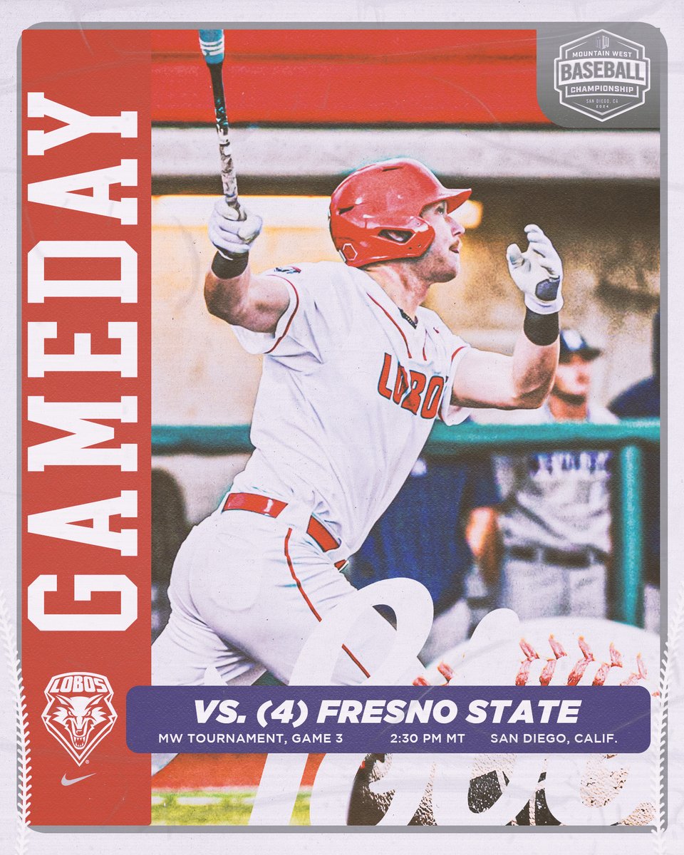 Win or go home time in Game Two. 𝗠𝗪 𝗕𝗮𝘀𝗲𝗯𝗮𝗹𝗹 𝗖𝗵𝗮𝗺𝗽𝗶𝗼𝗻𝘀𝗵𝗶𝗽 🆚(4) Fresno State 🕝2:30 pm MT 📍San Diego, CA 🏟️Tony Gwynn Stadium 📊GoLobos.com/BSBStats 📺GoLobos.com/WatchBSB 🗒️Notes/Preview: t.ly/kzE5m #GoLobos
