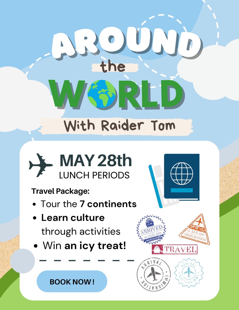 On Tuesday May 28th during both lunches in atrium, Rep Matters is running "Around the World with Raider Tom" a fun chance to visit each continent, complete challenges and collect stamps. Collect all SIX (6) on your passport to receive an icy treat from Antartica.