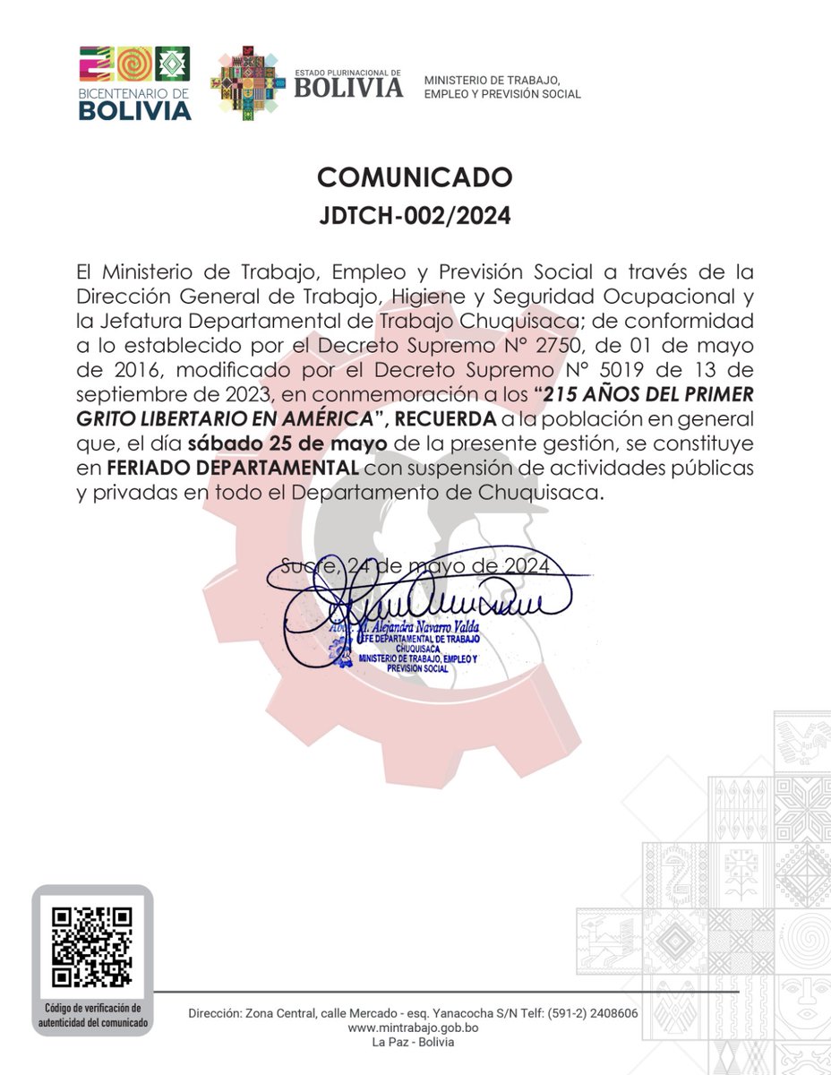 #Comunicado | @MinTrabajoBol recuerda a la población en general que el sábado 25 de mayo, se constituye en #FeriadoDepartamental, con suspensión de actividades públicas y privadas, en todo el Departamento de #Chuquisaca. #UnidosRumboAlBicentenario