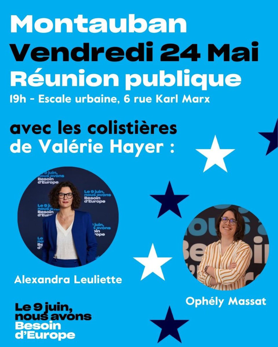 Rdv ce soir à #Montauban avec @ophelymassat pour parler d’Europe

➡️ Le #Tarnetgaronne a @BesoindEurope 🇪🇺🇫🇷🗳️