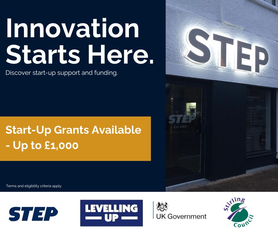 🚀 Calling all Start-Ups! STEP is offering Start-Up Grants up to £1,000 for new businesses in the Stirling Council area! Open to pre-starts and businesses trading up to 6 months. 

Find out how to apply ➡️ buff.ly/3wZ1i7T 
#STEP #Stirling #LocalBusiness #StartUpGrant