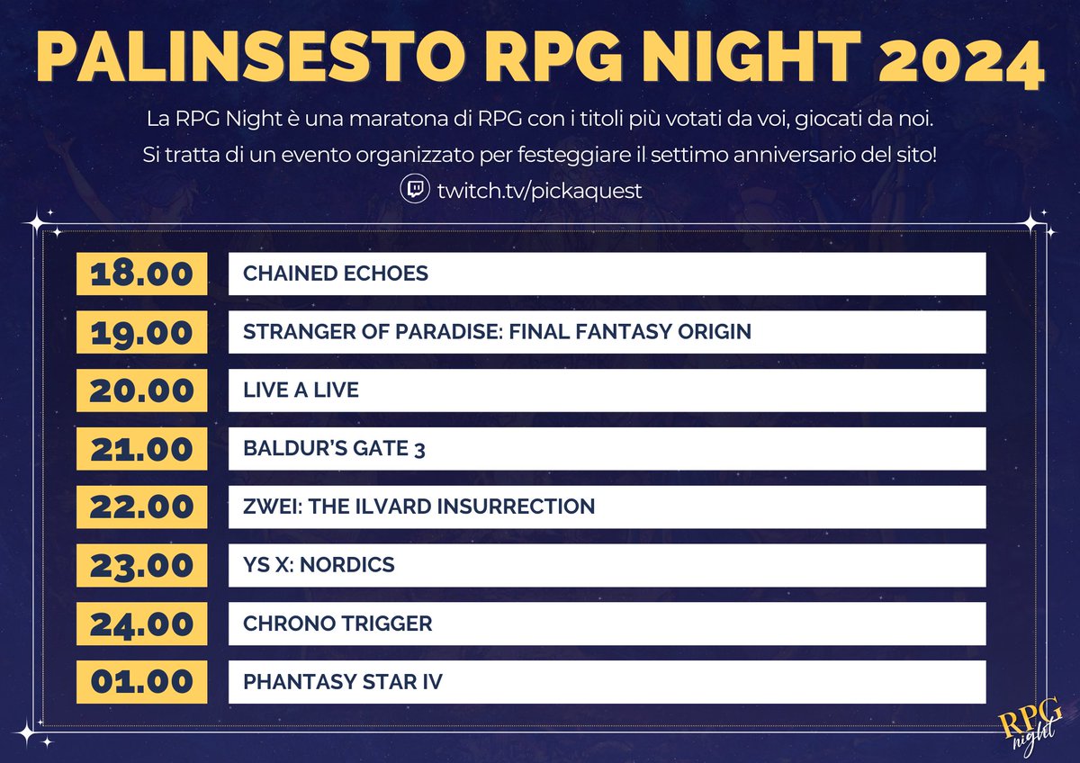 PickaQuest's tweet image. Ha inizio la RPG Night, la notte più lunga dell'anno✨

Preparate la caffeina, la teina, l'adrenalina o qualunque cosa che vi permetta di seguire fino alla fine l'evento!

🖥 twitch.tv/pickaquest

Qui sotto potete dare un'occhiata al palinsesto completo.

#RPGNight🌙