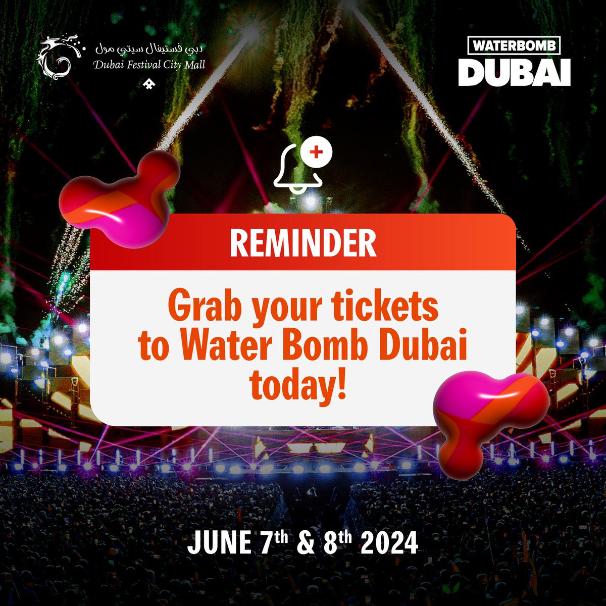 DFCMall's tweet image. A day of epic fun awaits you at the Dubai Waterbomb Festival, featuring a line-up of K-pop, Hip-Hop, and EDM stars! Book your tickets today via the link in the bio to join us from 7-8 June at #DFCM. Don’t miss out on all the excitement!