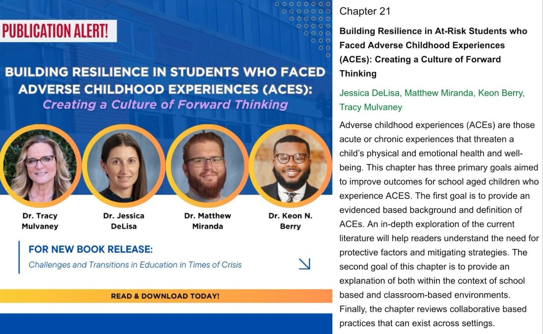 PUBLICATION ALERT !
 
In Ch. 21 of the book, “Challenges and Transitions in Education in Times of Crisis,” My colleagues and I have authored a compilation of research &amp; best practices for ED Leaders looking to enhance their trauma informed practices for students experiencing ACEs