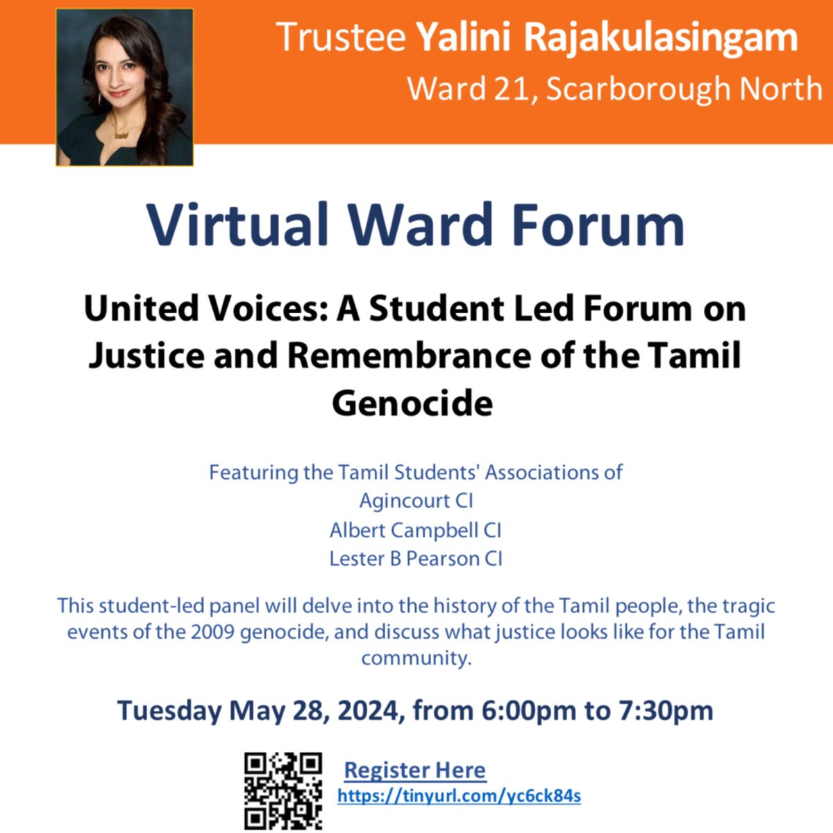 Upcoming student-led panel on justice and remembrance for the Tamil Genocide taking place next Tuesday! This collab features all three Tamil Students Associations in our ward. Register here:
tinyurl.com/yc6ck84s