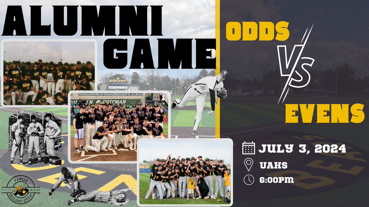 🗣️🗣️Golden Bear Baseball Alum🗣️🗣️

🟡⚫️ 2024 Alumni Game⚫️🟡

📆 July 3
🕕 6:00 PM
📍 UAHS Turf Baseball Field

#FEA | #AlumniGame 🐻⚾️