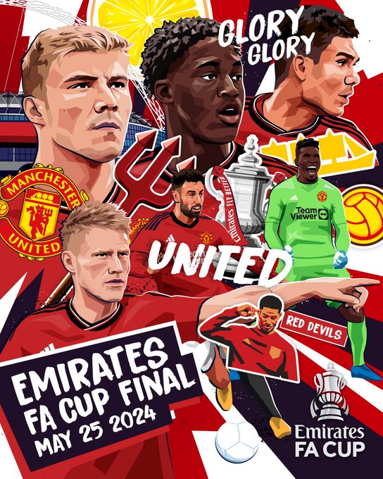 A Manchester United focused graphic promoting the Emirates FA Cup on May 25 2024 between them and Manchester City.